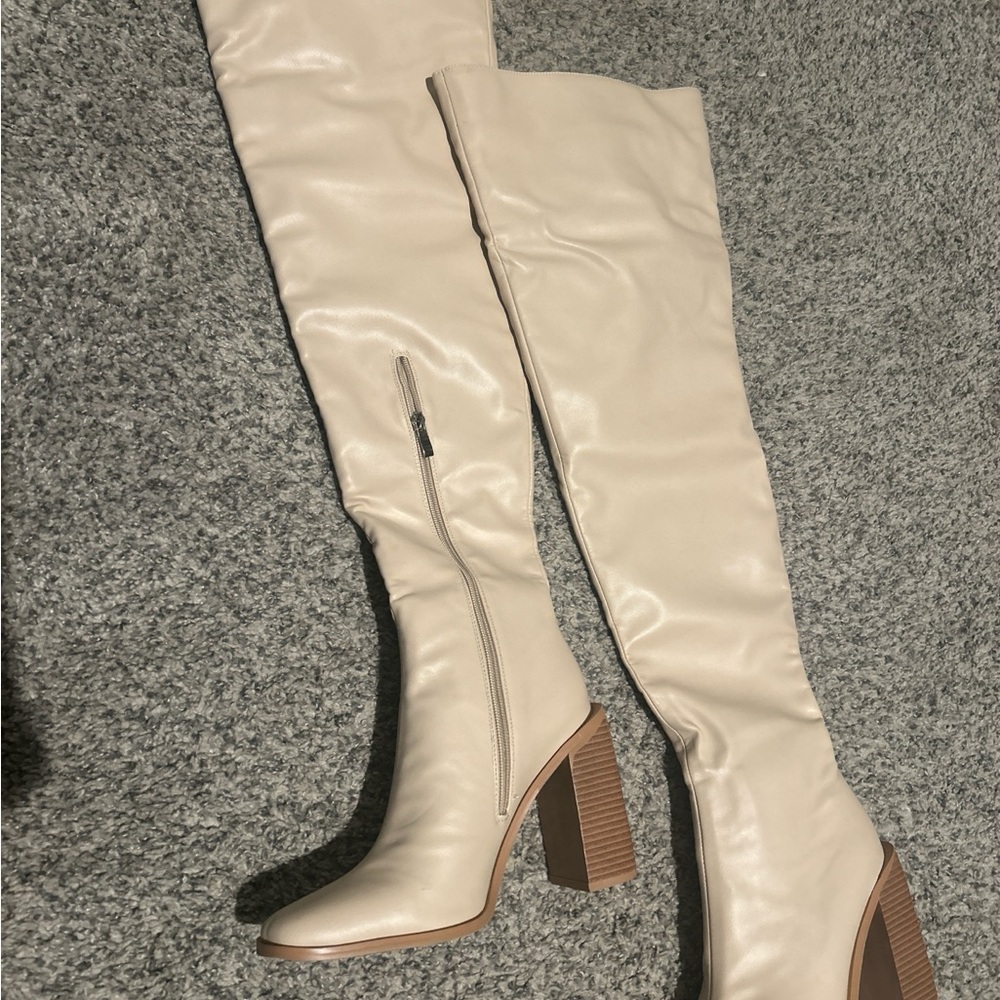 PrettyLittleThing Cream Over the Knee Boots Chunky Heel